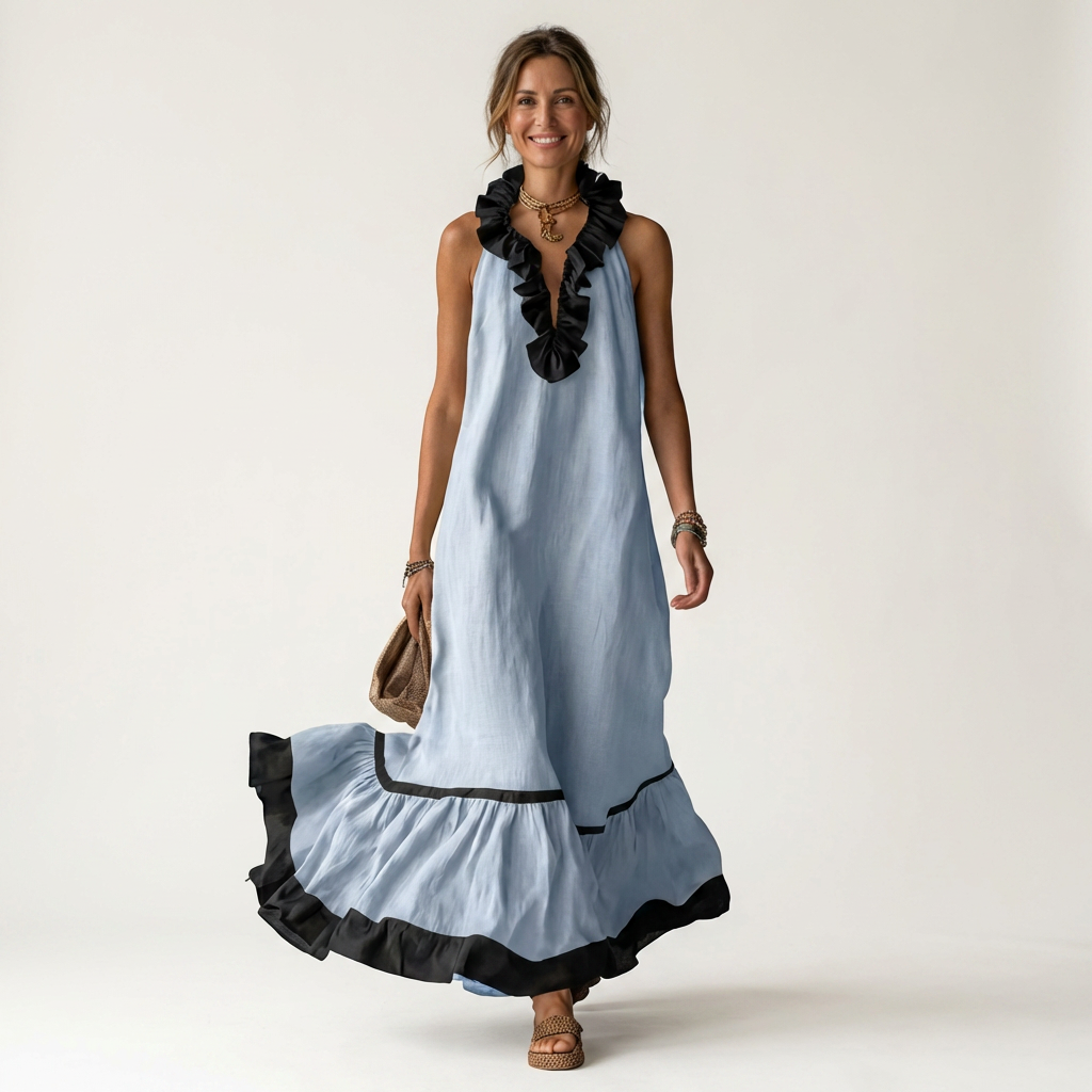 Light blue sleeveless maxi dress with ruffle neck and black contrast trim