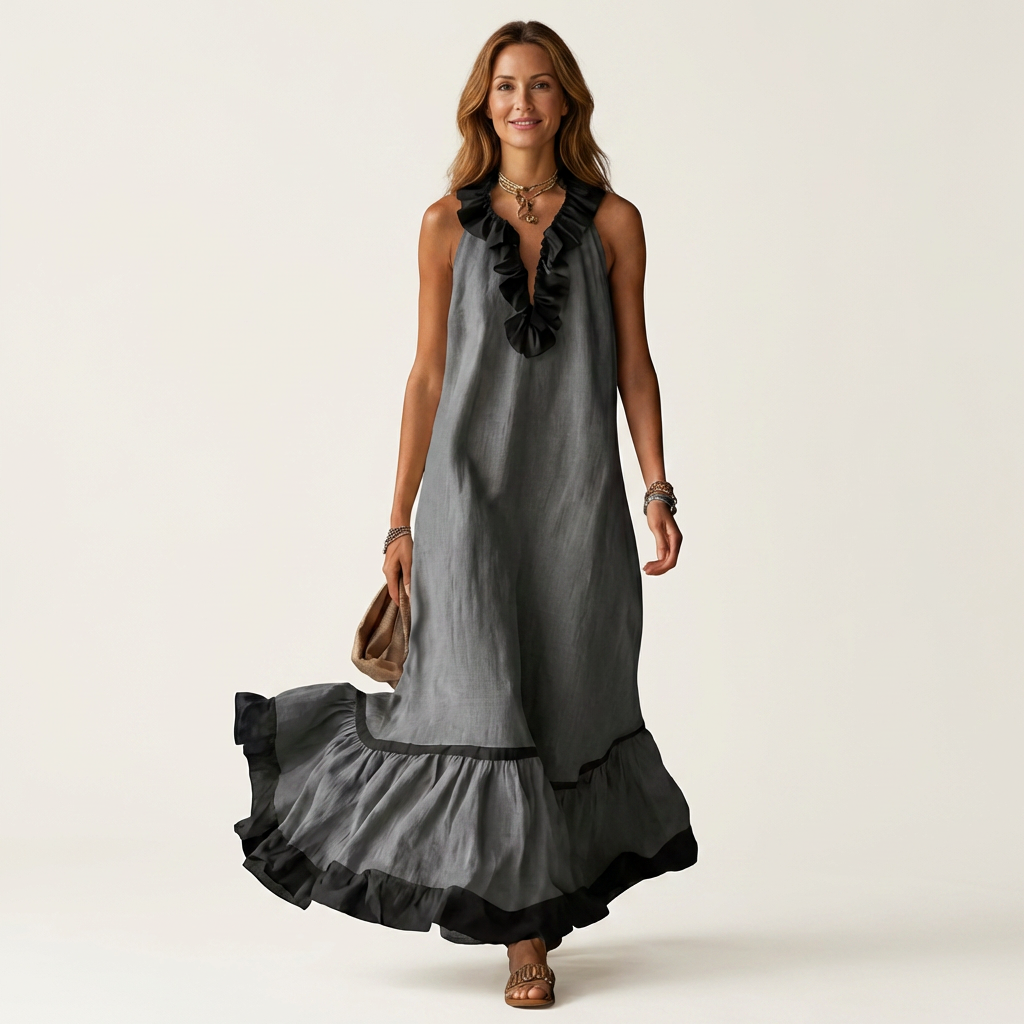 Dark gray sleeveless maxi dress with ruffle neck and black contrast trim