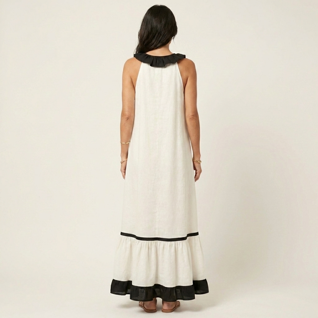 Sleeveless maxi dress, off-white back with black contrast hem and tiered skirt
