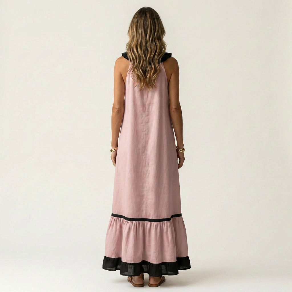 Pink sleeveless maxi dress back view with ruffle collar and black contrast trim