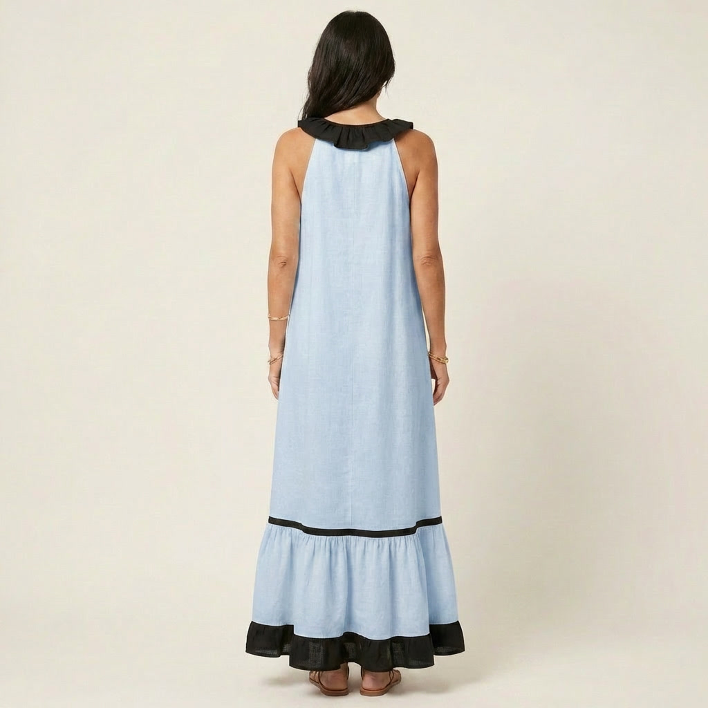 Light blue sleeveless maxi dress back view, ruffle collar with black contrast trim