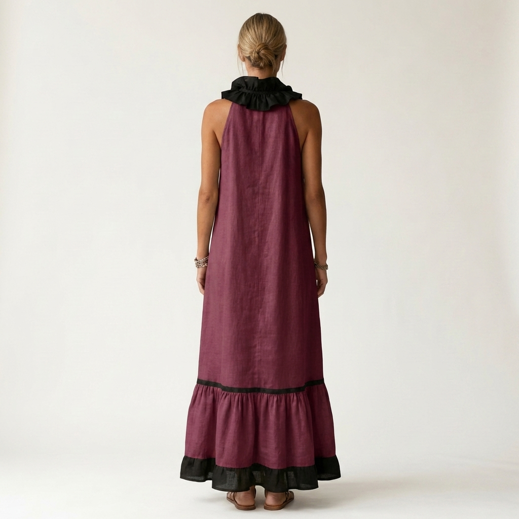 Burgundy sleeveless maxi dress back view with ruffle collar and black contrast trim