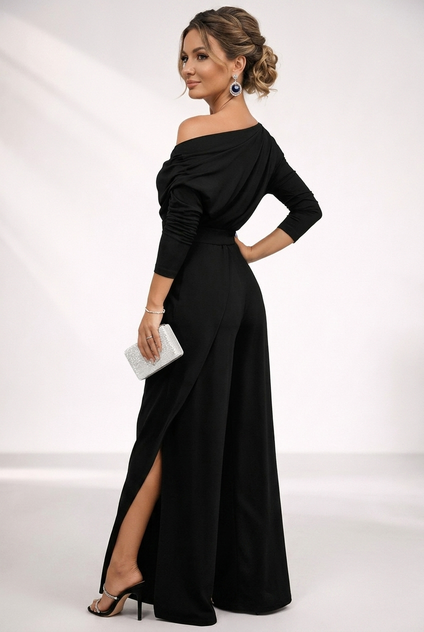 Black off-shoulder draped jumpsuit with 3/4 sleeves and a front waist tie detail