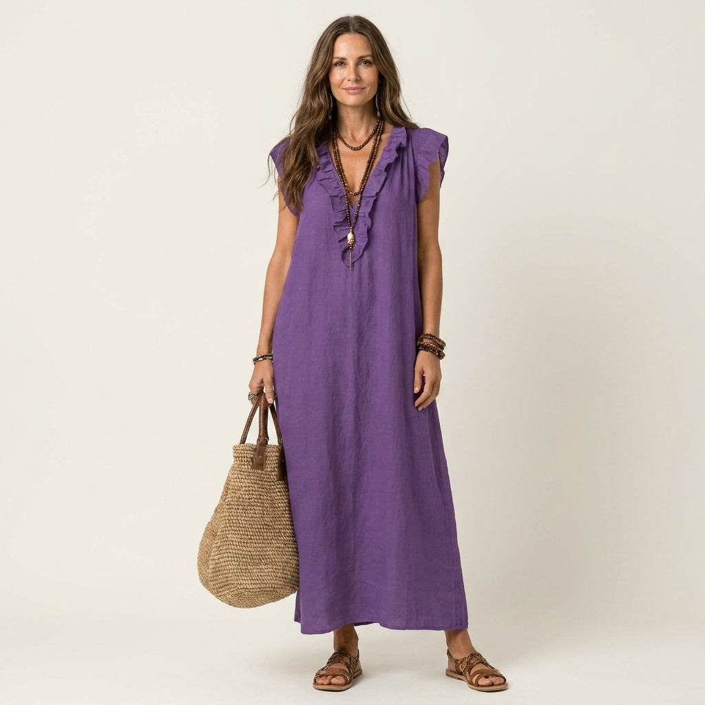 Purple ruffle V-neck linen maxi dress, sleeveless with gathered front