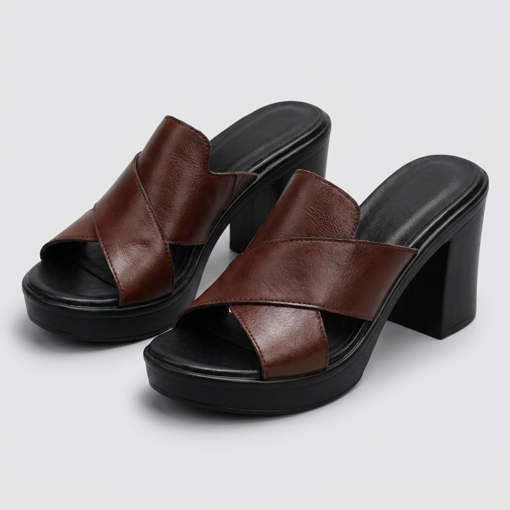 Brown platform heeled slide sandals with crisscross straps and block heel