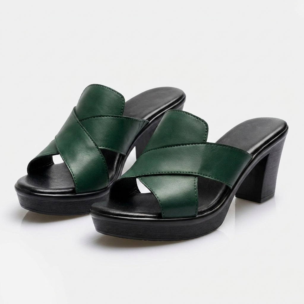 Green platform heeled slide sandals with crisscross straps and chunky block heel