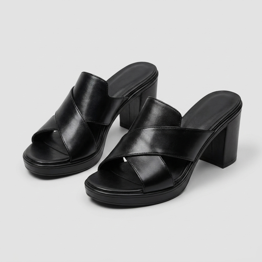 Black platform heeled slide sandals with wide crisscross upper and block heel