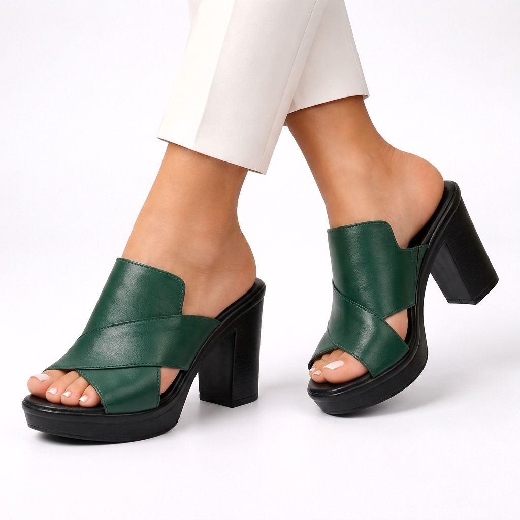 Green platform heeled sandals with wide strap and peep toe, chunky block heel