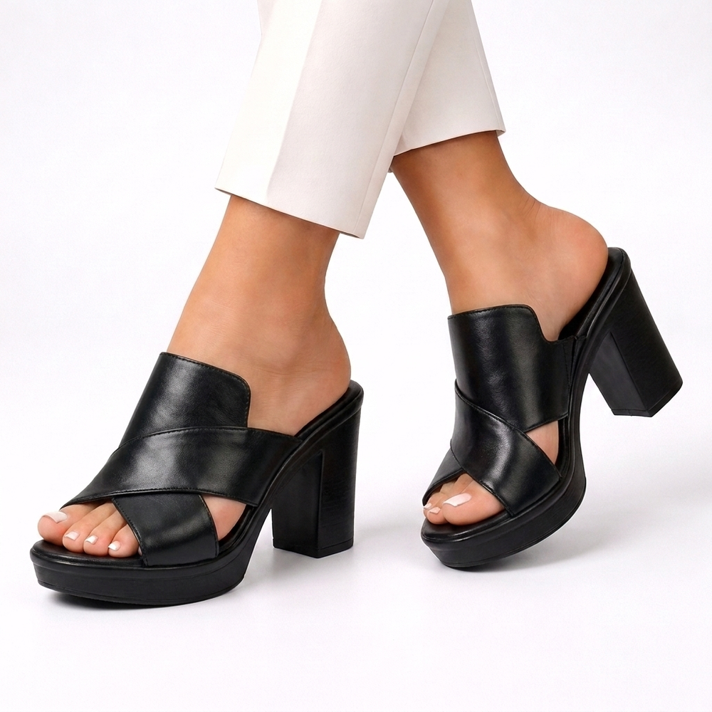 Black platform heeled sandals with wide cross strap, peep toe and block heel