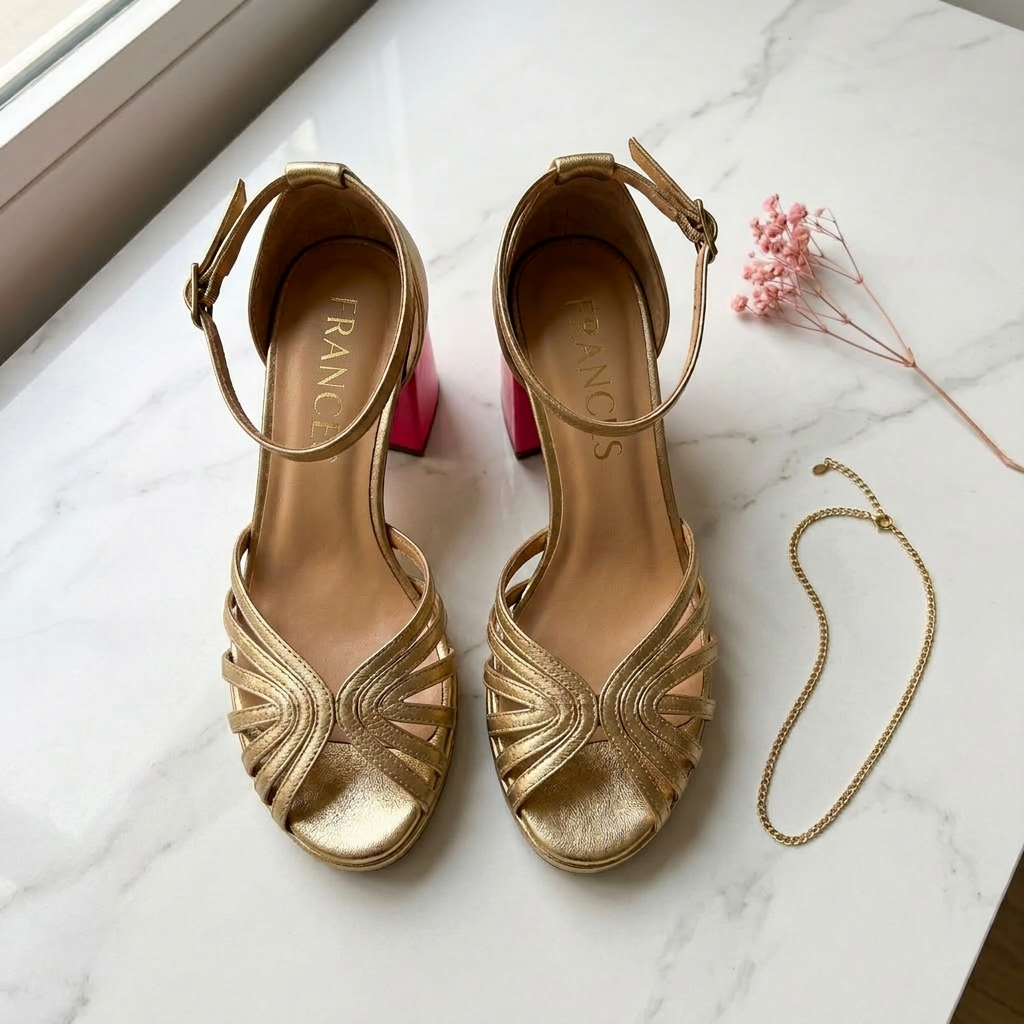 Gold heeled sandals pair with braided straps, open toe, and ankle straps