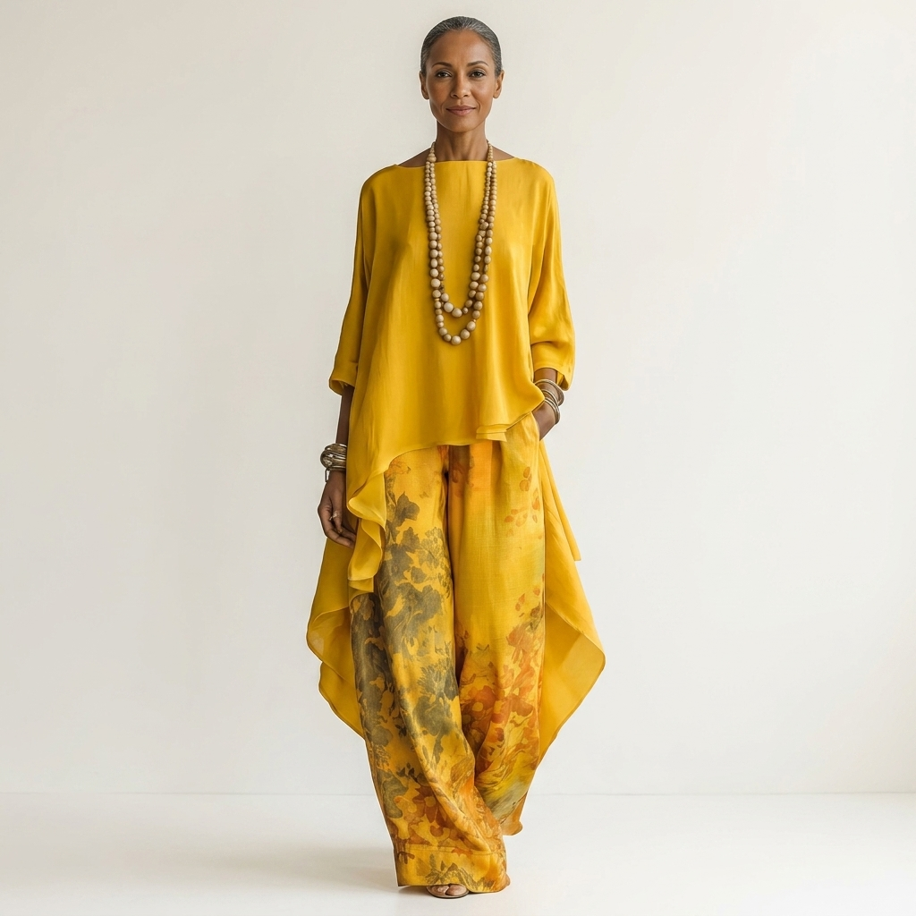 Mustard-yellow draped tunic with beaded V-neck and matching floral wide-leg pants