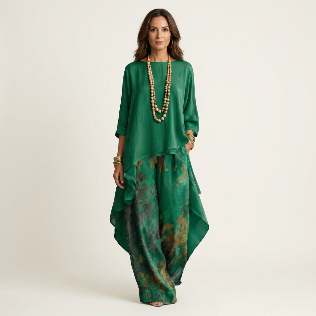 Emerald-green draped tunic with beaded V-neck and matching floral wide-leg pants