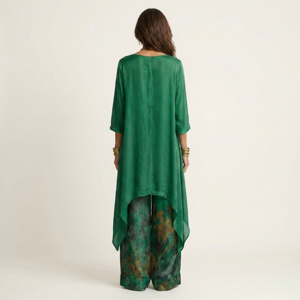 Emerald-green draped tunic with 3/4 sleeves and floral wide-leg pants, back view