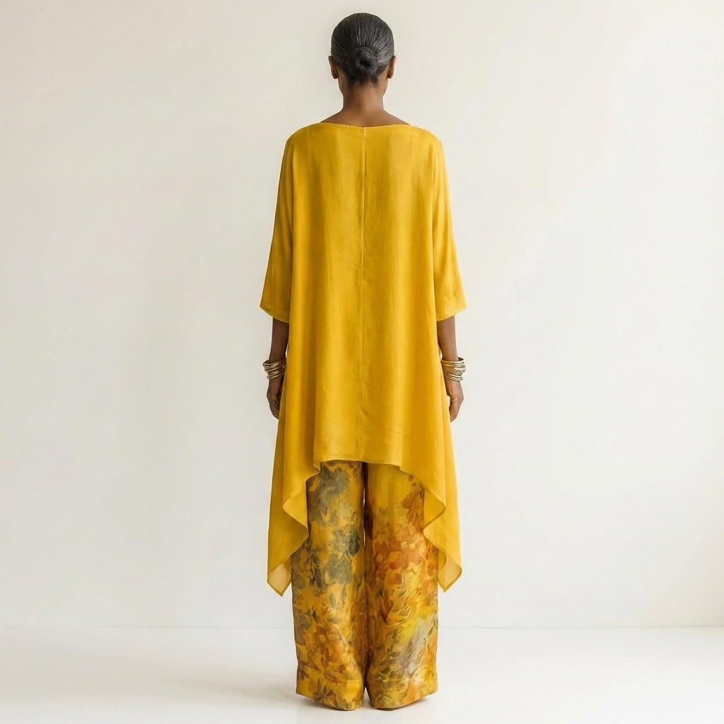 Mustard-yellow draped tunic with 3/4 sleeves and floral wide-leg pants, back view