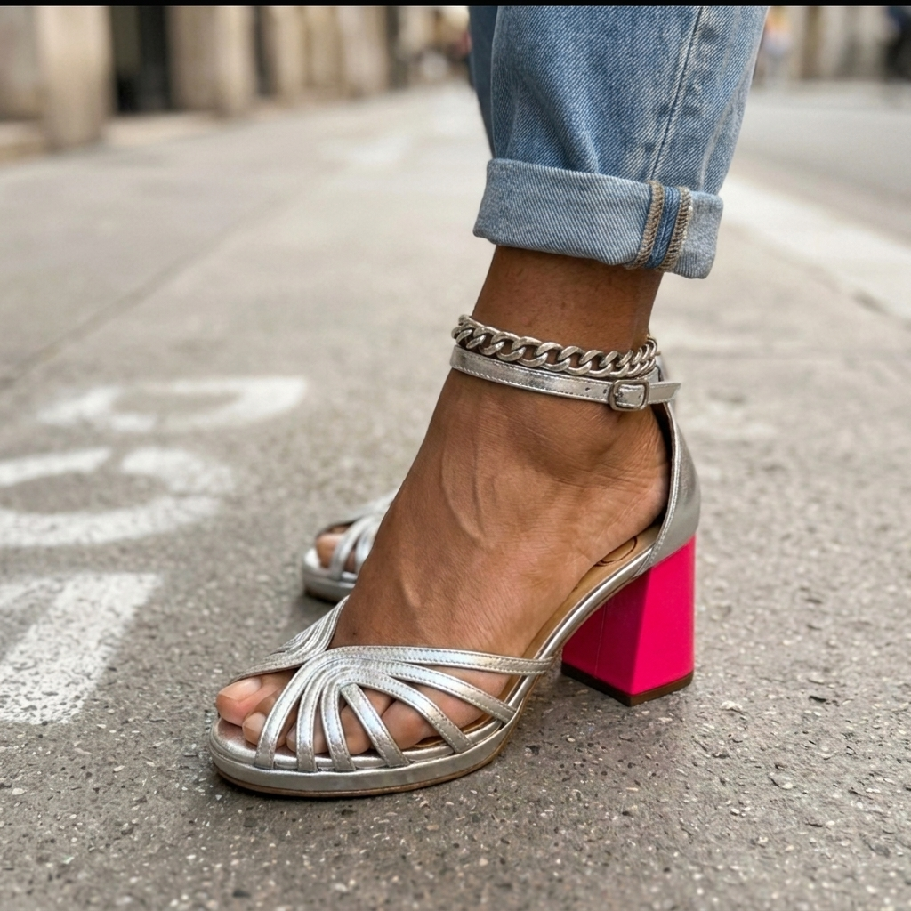 Silver heeled sandals with crisscross straps, chain ankle, and block heel