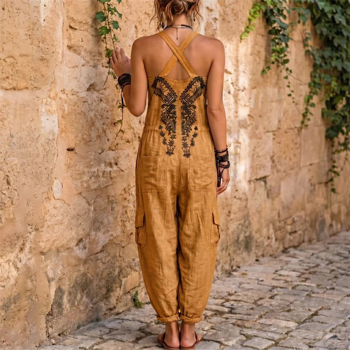 Mustard backless overalls jumpsuit with crisscross straps and embroidered yoke