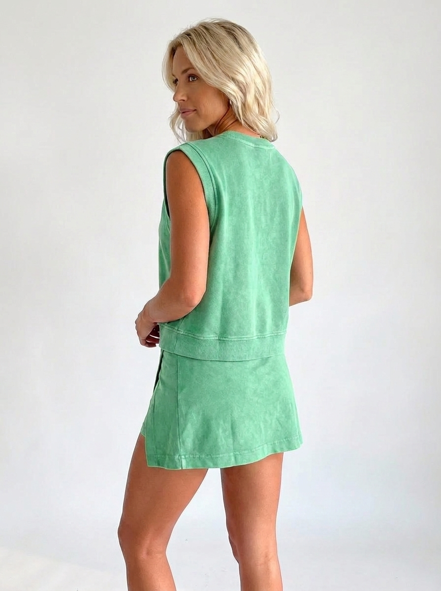 Green sleeveless crewneck top and matching shorts set, back view