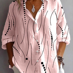 Kristen™ pink button blouse with black dot-and-line abstract print, 3/4 sleeves
