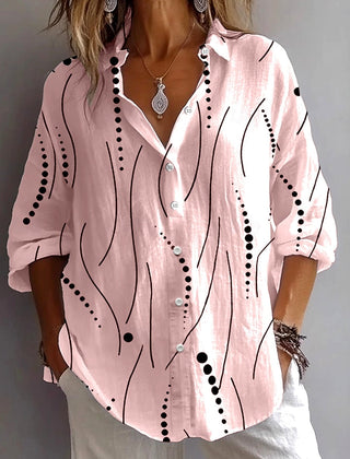 Kristen™ pink button blouse with black dot-and-line abstract print, 3/4 sleeves