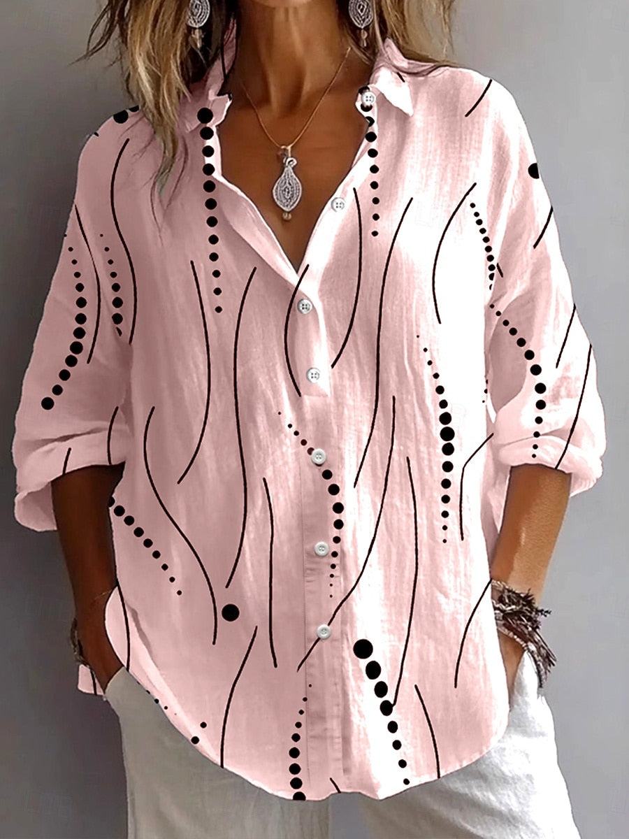 Kristen™ pink button blouse with black dot-and-line abstract print, 3/4 sleeves