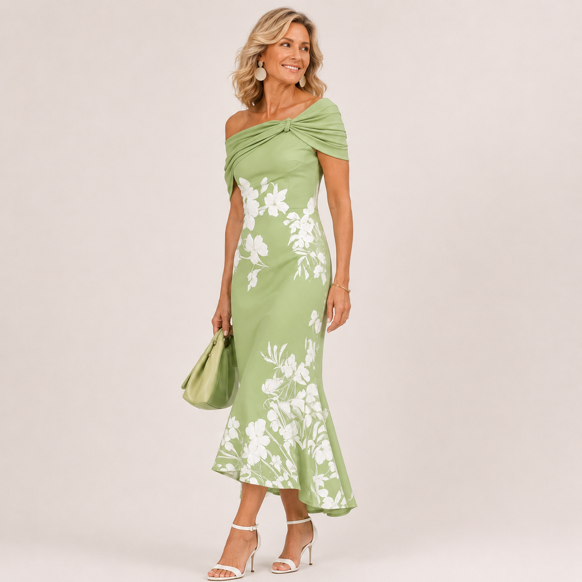 Green floral off-shoulder midi dress with off-shoulder twist and flared skirt