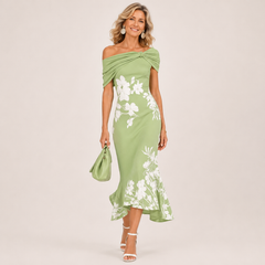 Green floral off-shoulder midi dress with twist neckline and draped skirt