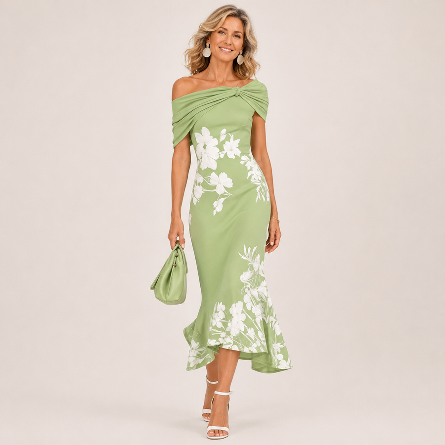 Green floral off-shoulder midi dress with twist neckline and draped skirt