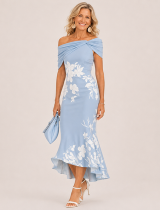 Blue floral off-shoulder midi dress with twisted neckline and flowy hem