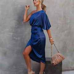 Blue one-shoulder satin party dress with ruched waist and side slit