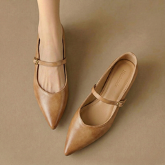 Apricot-tan leather mules with pointed toe and ankle strap with small buckle