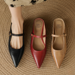 Set of genuine leather mules: black, maroon, and apricot pointed-toe slides.