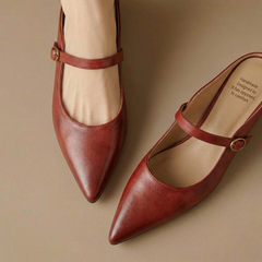 Maroon leather mules, pointed toe with slingback strap and round buckle