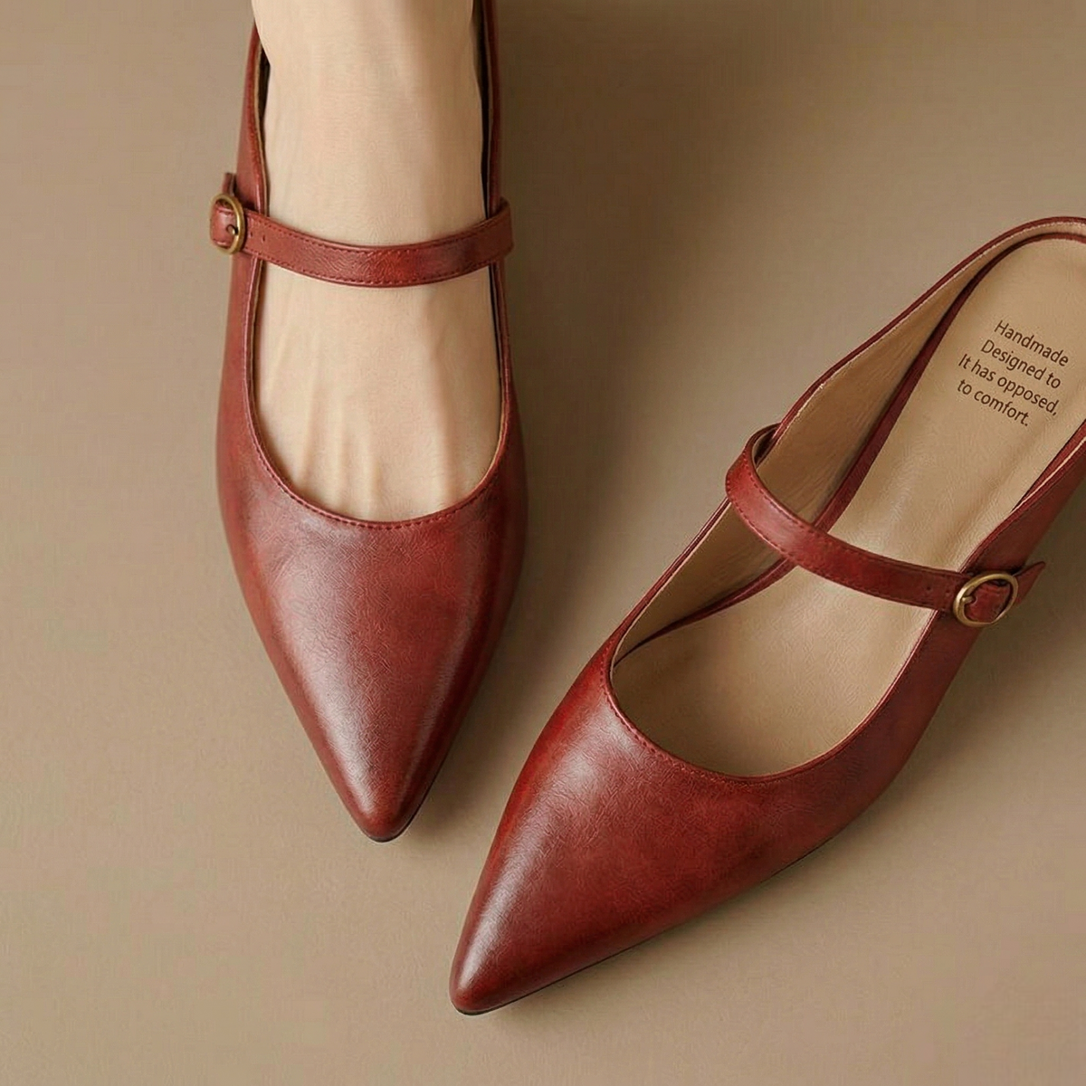 Maroon leather mules, pointed toe with slingback strap and round buckle