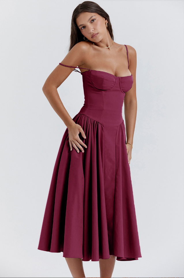 Wine red corset sundress with off-shoulder neckline, fitted bodice, and flared midi skirt