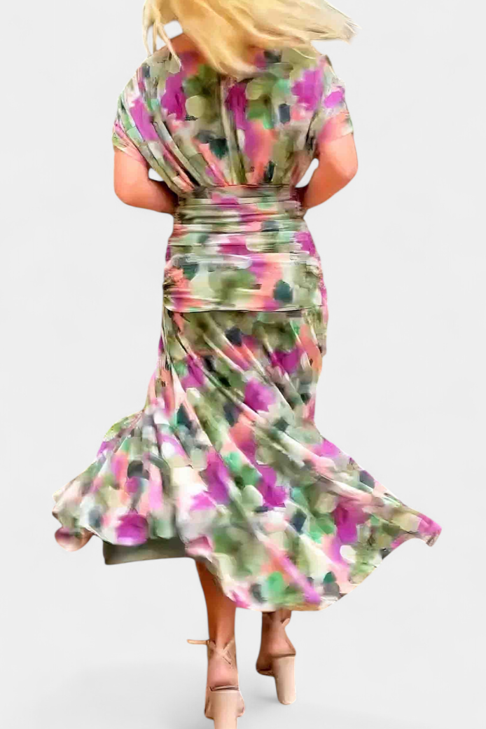 Floral print draped dress with short sleeves and flared skirt, multicolor green and pink