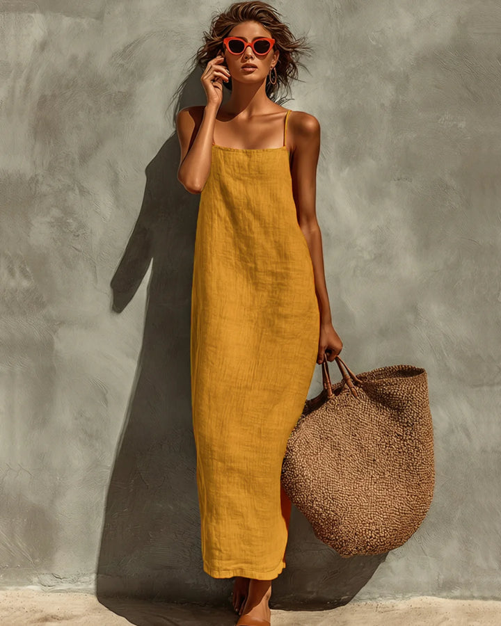 Elegant dress: yellow sleeveless midi with spaghetti straps and square neckline