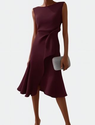 Sleeveless draped asymmetric midi dress in dark plum with diagonal drape and flared skirt