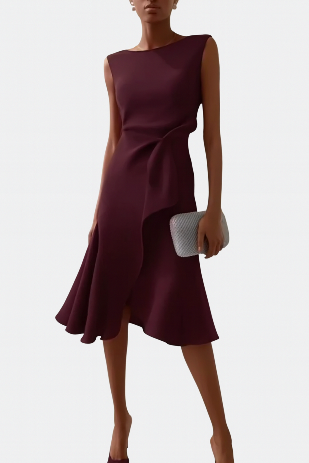 Sleeveless draped asymmetric midi dress in dark plum with diagonal drape and flared skirt