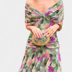 Long multicolor floral dress with twisted neckline and gathered waist detail