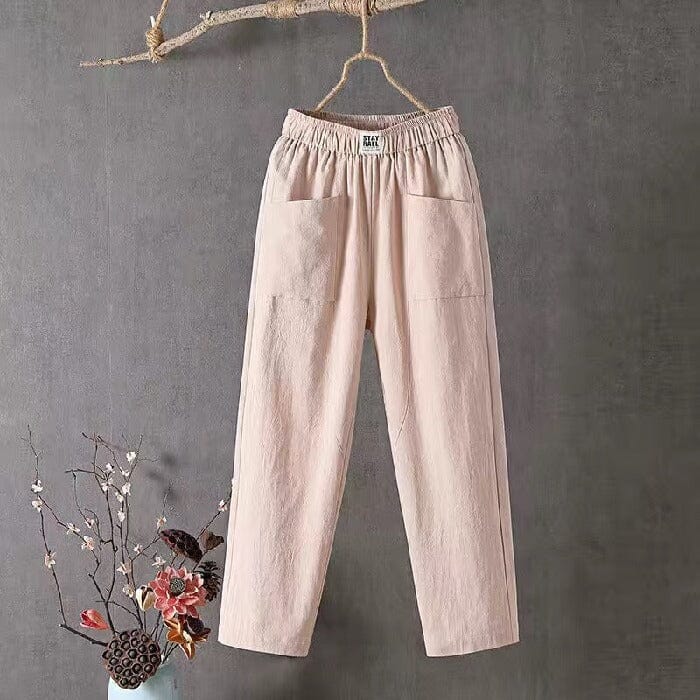 Breezy comfort pants in khaki, elastic waistband, side pockets, relaxed ankle-length cut