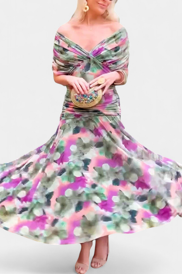Off-shoulder multicolor floral midi dress with twisted bodice and wide, swaying hem