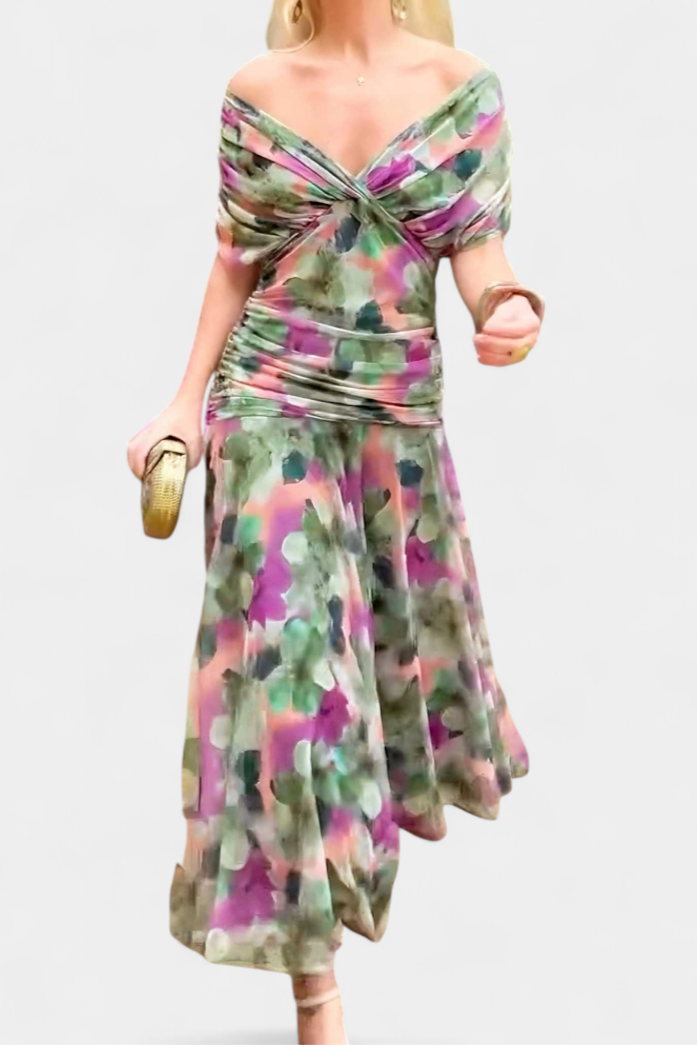 Green, purple, and pink off-shoulder floral midi dress with draped knot bodice and flared skirt