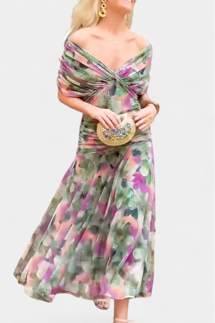Multicolor off-shoulder floral midi dress with twisted front bodice and flared gathered skirt