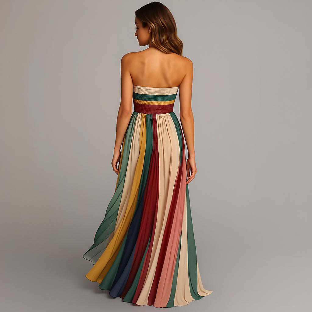 Back view of strapless pleated maxi dress with multicolor striped bandeau top