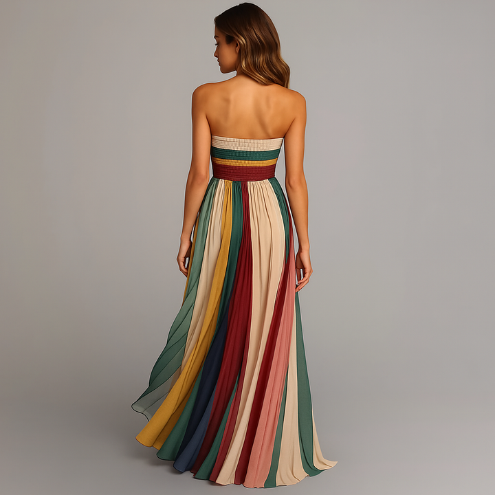 Back view of strapless pleated maxi dress with multicolor striped bandeau top