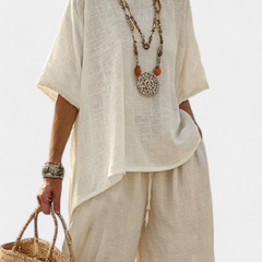 Raw linen-look blouse and wide-leg pants set, light cream, draped hem, short sleeves