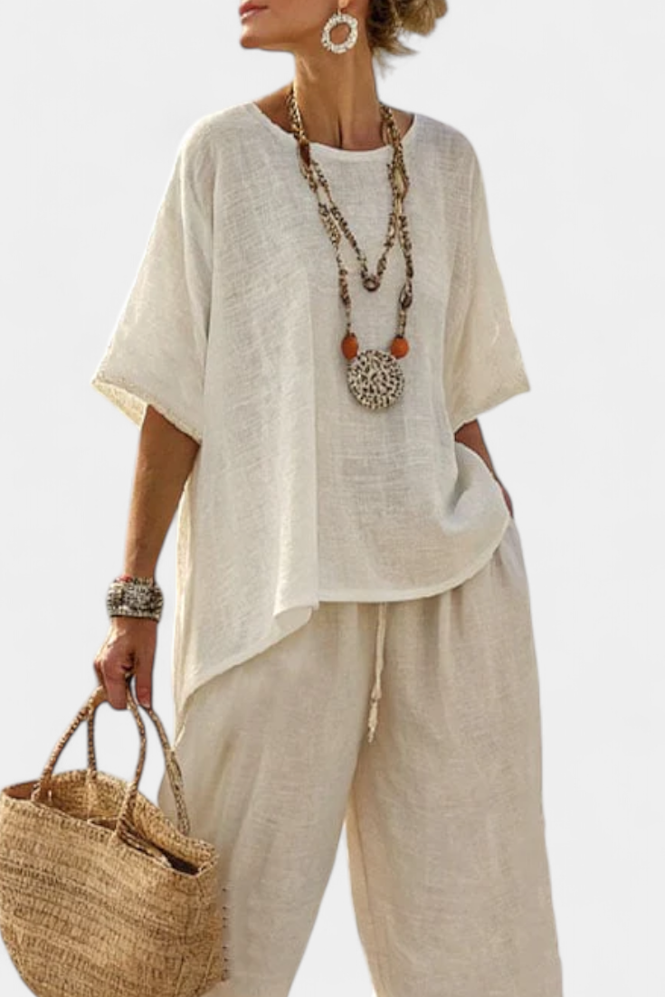 Raw linen-look blouse and wide-leg pants set, light cream, draped hem, short sleeves