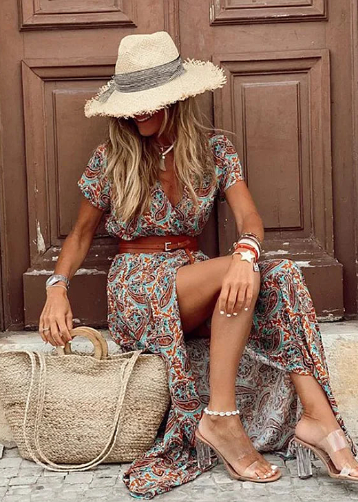Teal patterned boho maxi dress with matching belt, side-slit hem and V-neck