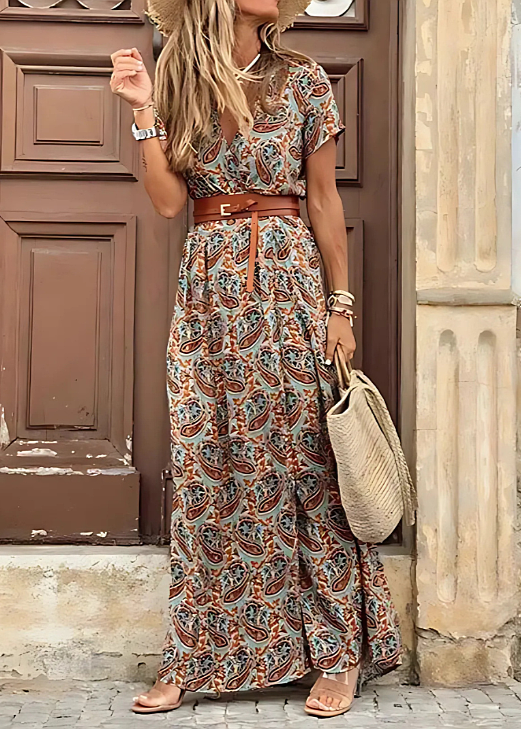 Justine™ boho maxi dress in multicolor paisley print with matching belt, side-slit hem