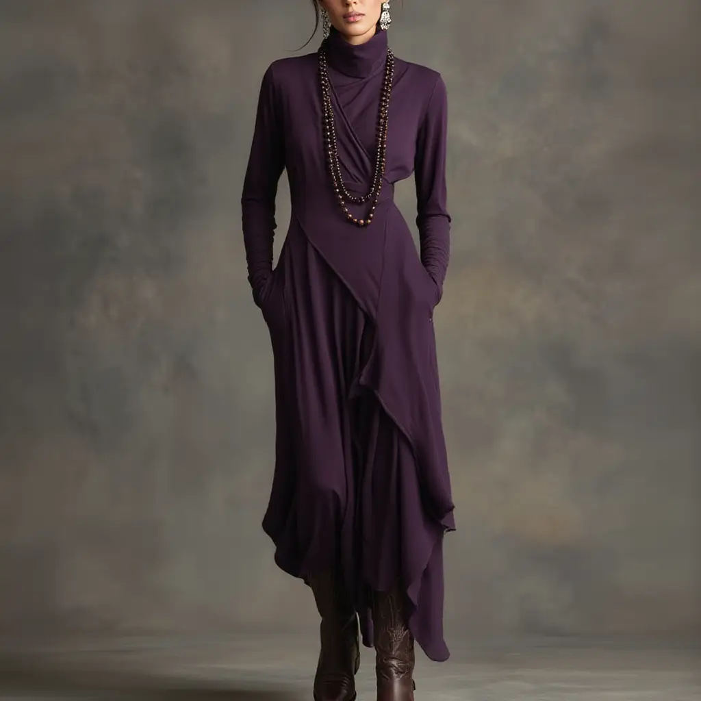 Katia™ Pleated Maxi Dress in purple with long sleeves and draped wrap hem